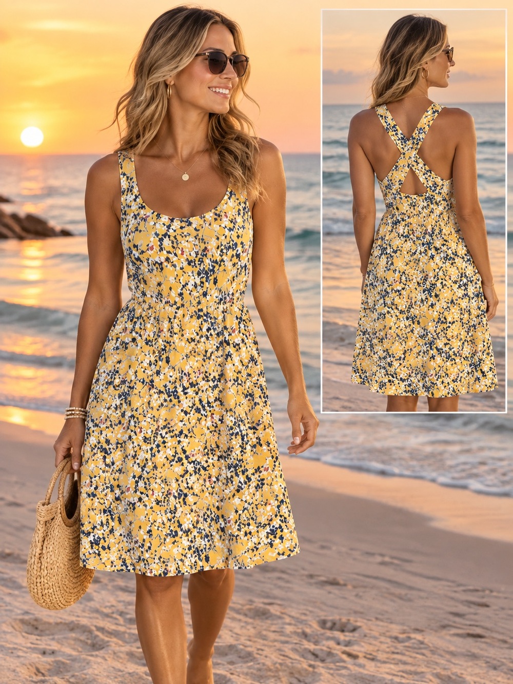 Kaileigh Yellow Floral Midi Dress with Crisscross Back